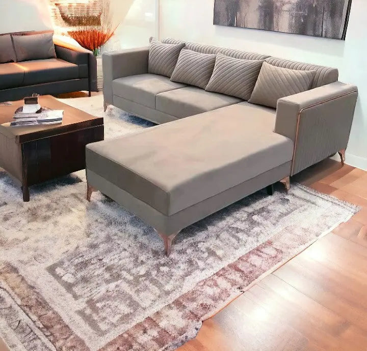 MGR 3 Seater Velvet Fabric Sofa In Light Grey Colour With Lounger MGR CASA