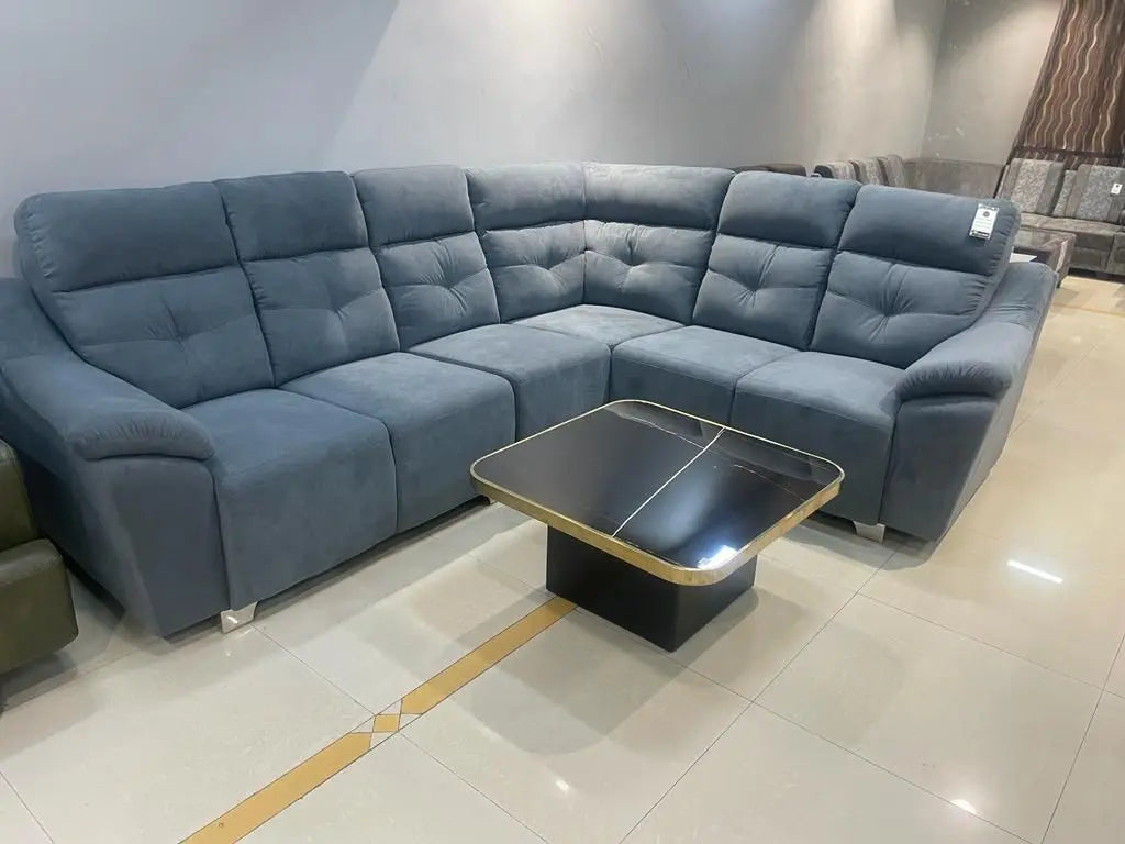 MGR Elephant Velvet L Shape Sofa In Blue Colour MGR CASA