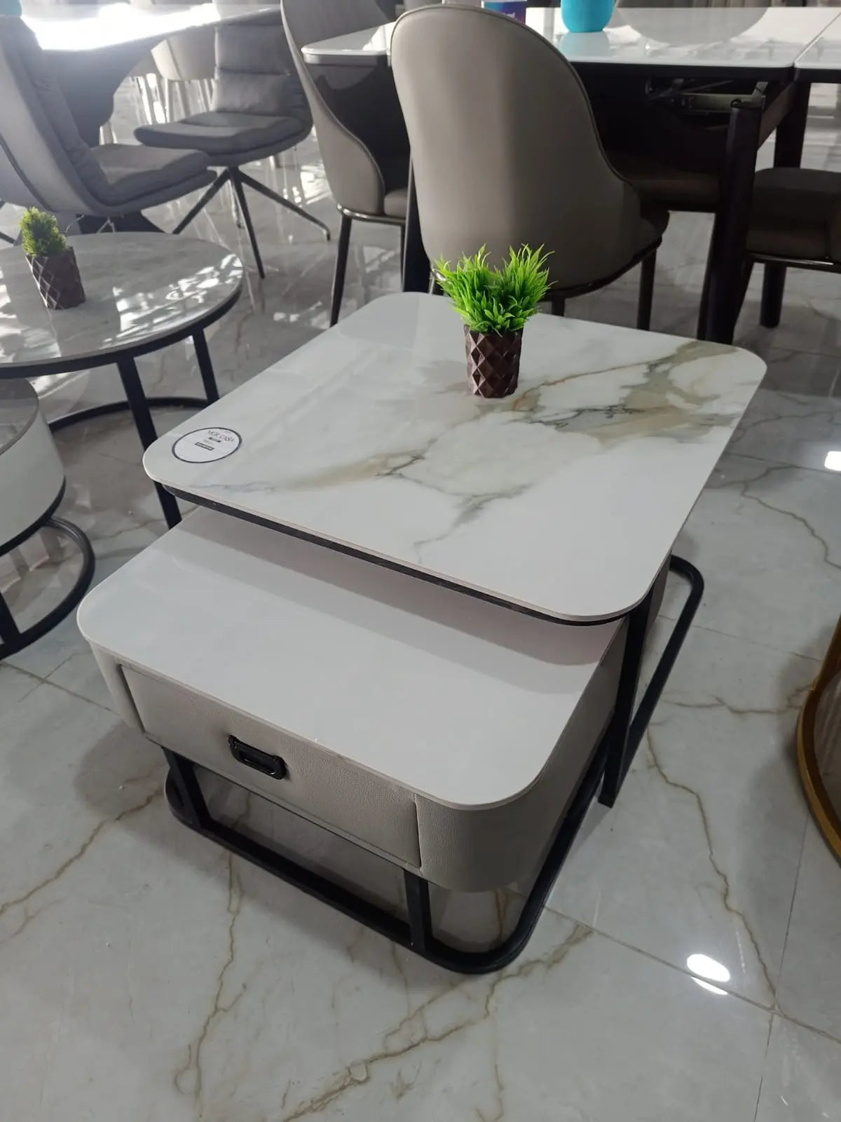 MGR New Ceramic Top and Metal Base in White And Cream Colour With Drawer Center Table My Store