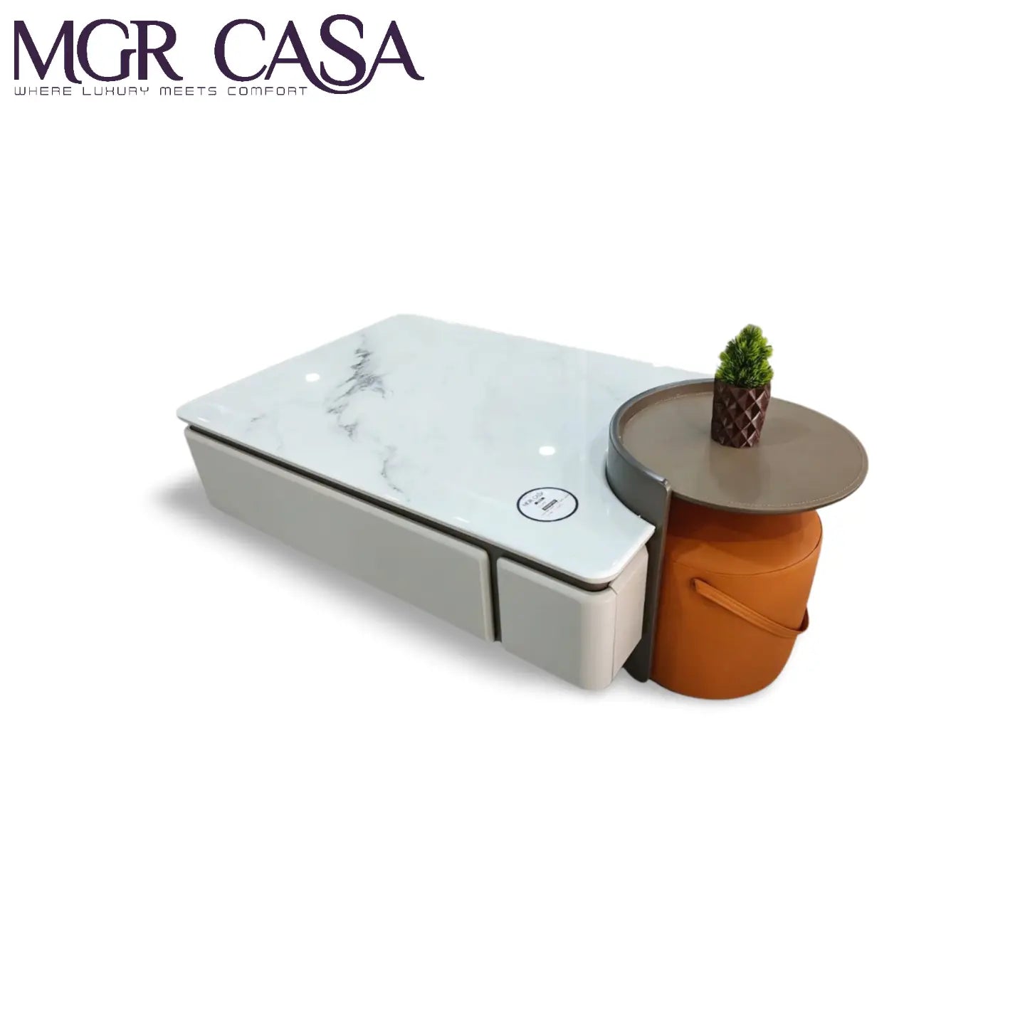 MGR ARTIFICIAL MARBLE TOP ENGINEERING WOOD BASE, CUSHION PUFFY TWO PEICE CENTER TABLE SET MGR CASA