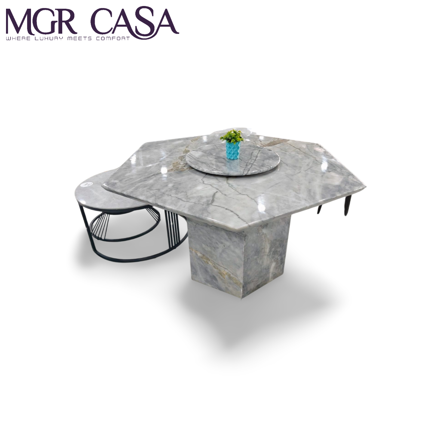 MGR HEXAGONAL MARBLE TOP MARBLE BASE DINING TABLE SET