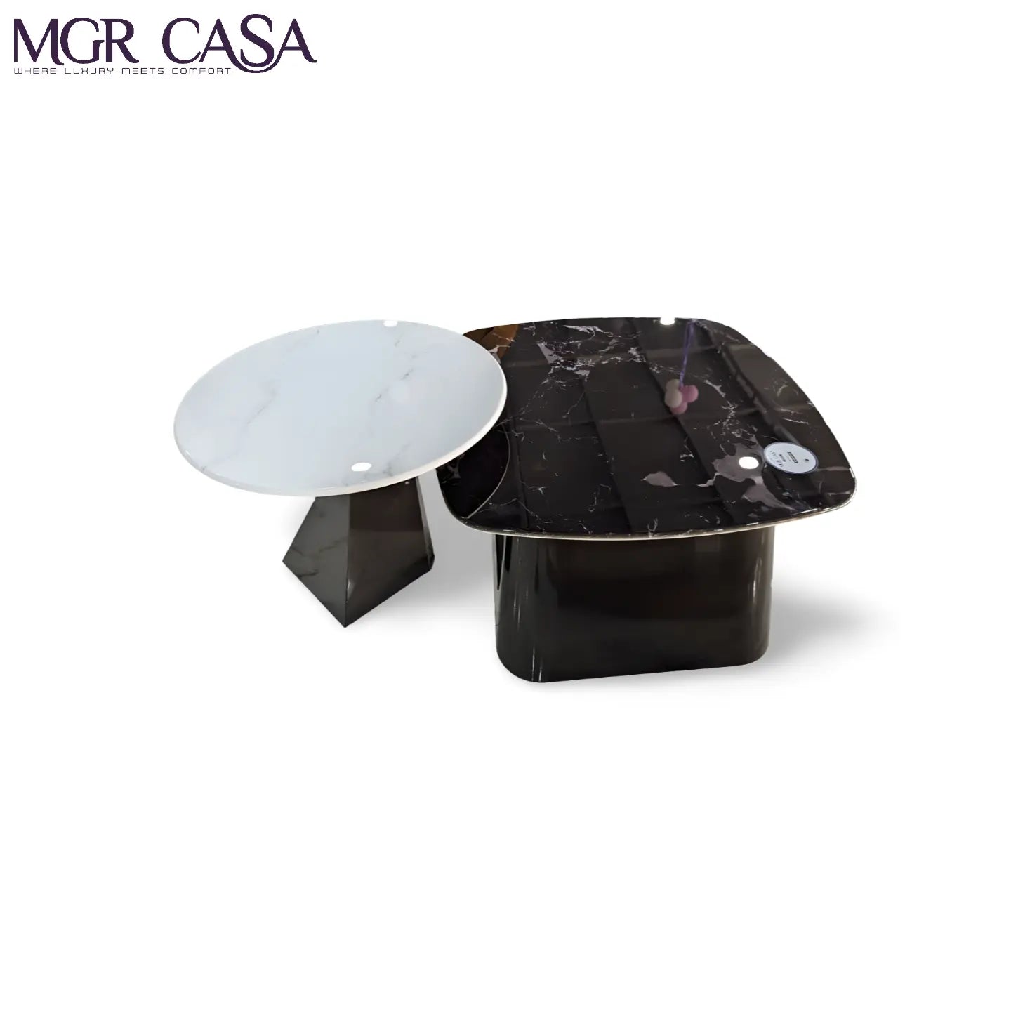MGR MARBLE TOP BLACK AND WHITE COMBINATION METAL BASE SQURE AND ROUND CENTER TABLE COMBO My Store