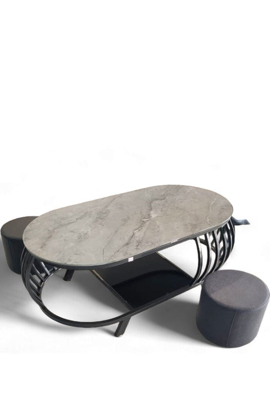 MGR New MS Base Center Table In Ceramic Top With Two Puffy