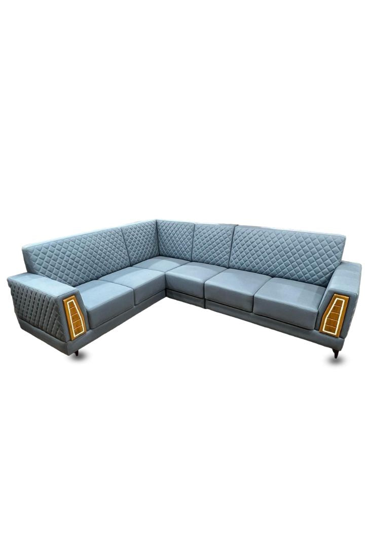 MGR Lether Finish Fabric L Shape Sofa In Light Blue Colour