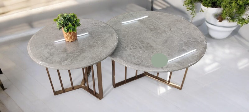 MGR Marble Top Round Center Table With Stainless Steel Base In Rose Gold Colour