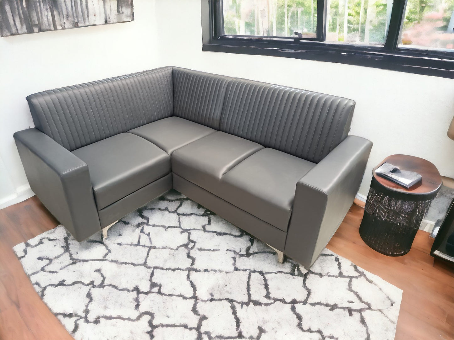 MGR Elevate Rexine L Shape Sofa In Plain Grey Colour