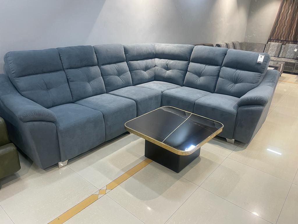 MGR Elephant Velvet L Shape Sofa In Blue Colour