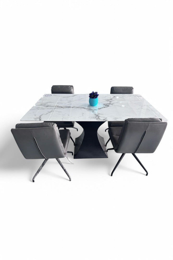 MGR New Four Seater Center Base Dining Table Set With Marble Top