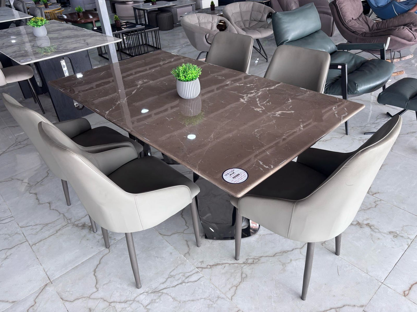 MGR New Italian Marble Top Six Seater Dining Table With Center Base