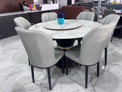 MGR New Six Seater Round Center Base Dining Table Set With Marble Top