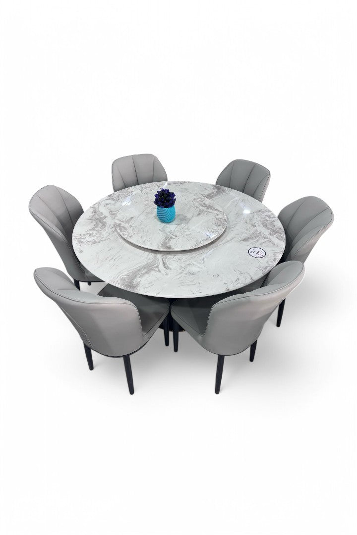 MGR New Six Seater Round Center Base Dining Table Set With Marble Top