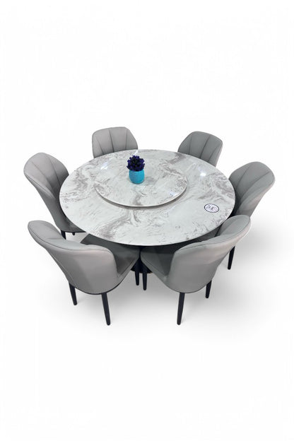 MGR New Six Seater Round Center Base Dining Table Set With Marble Top