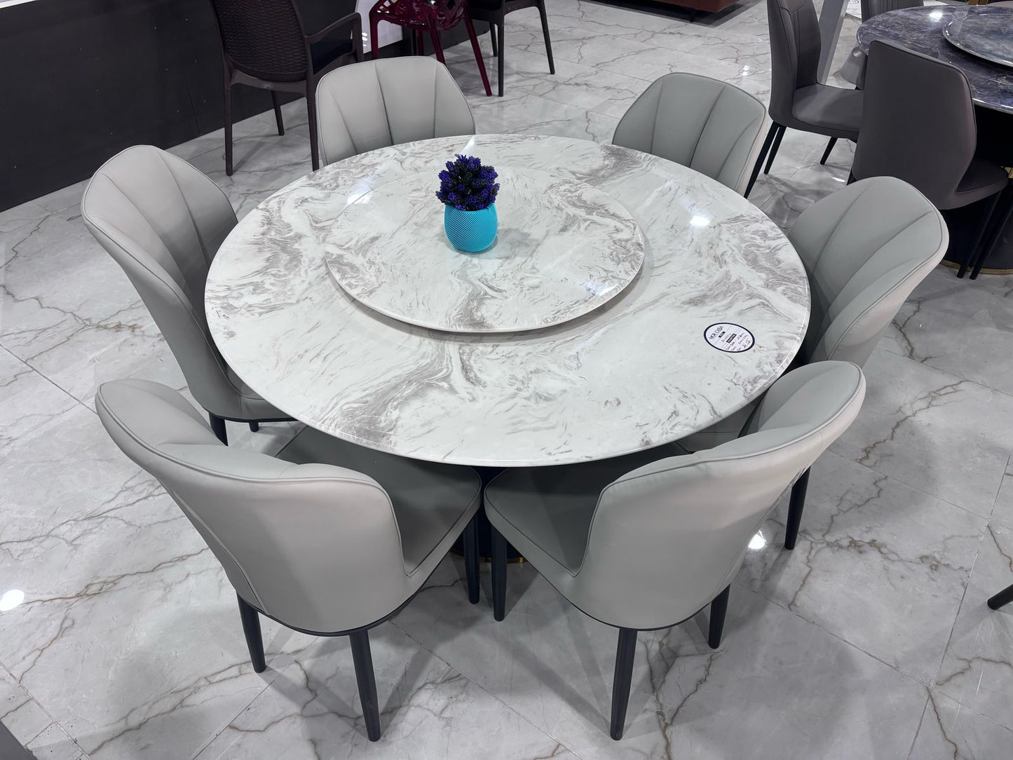 MGR New Six Seater Round Center Base Dining Table Set With Marble Top