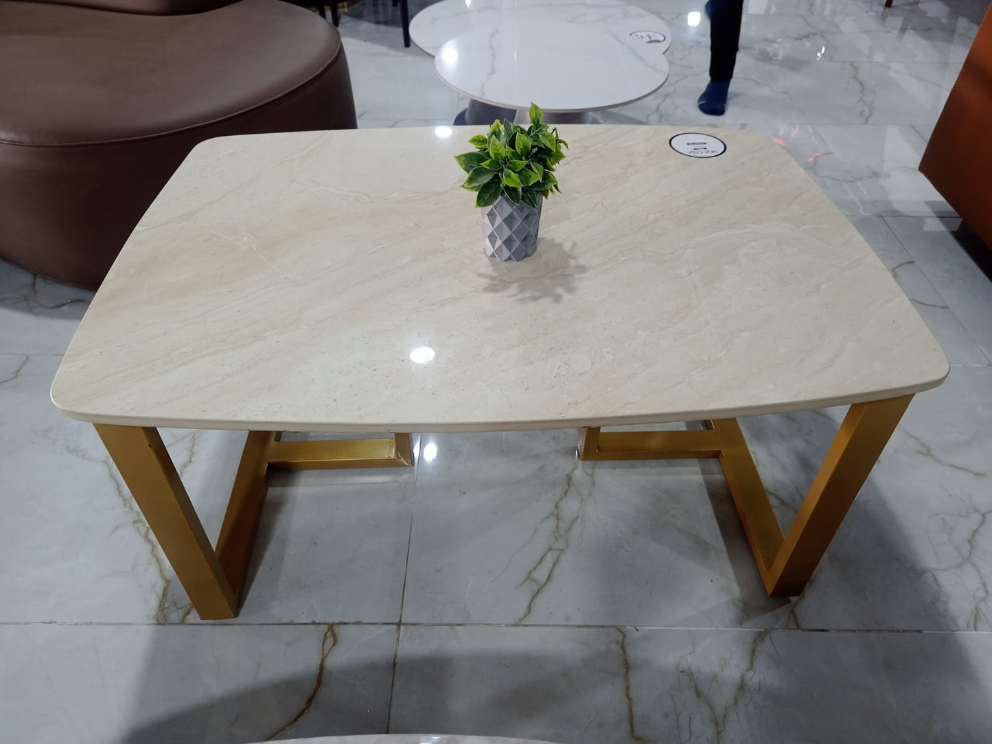 MGR New Brown Colour Ceramic Top and Gold Coated Metal Base Center Table