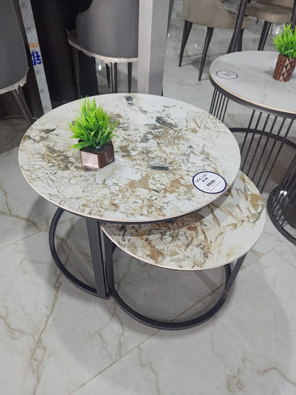 MGR New Yellow White Colour Ceramic Top and Metal Base Center Table