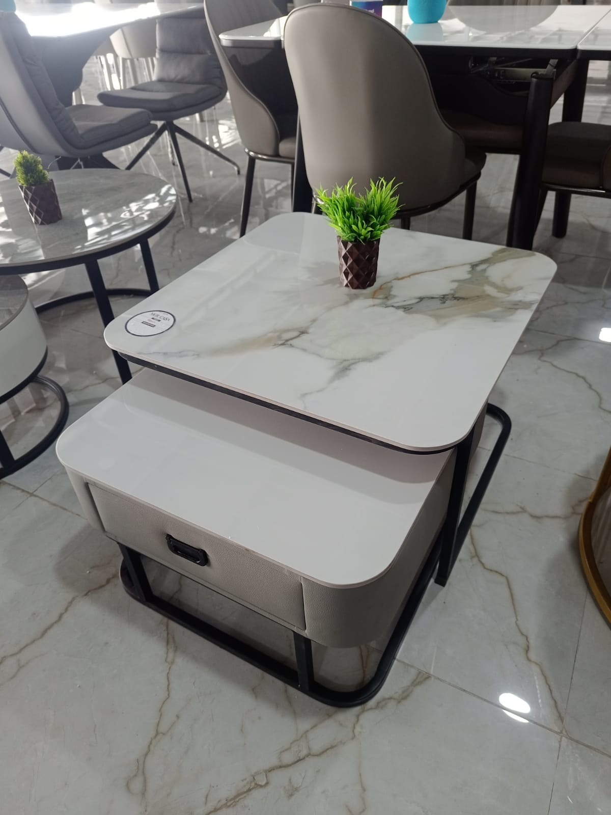 MGR New Ceramic Top and Metal Base in White And Cream Colour With Drawer Center Table