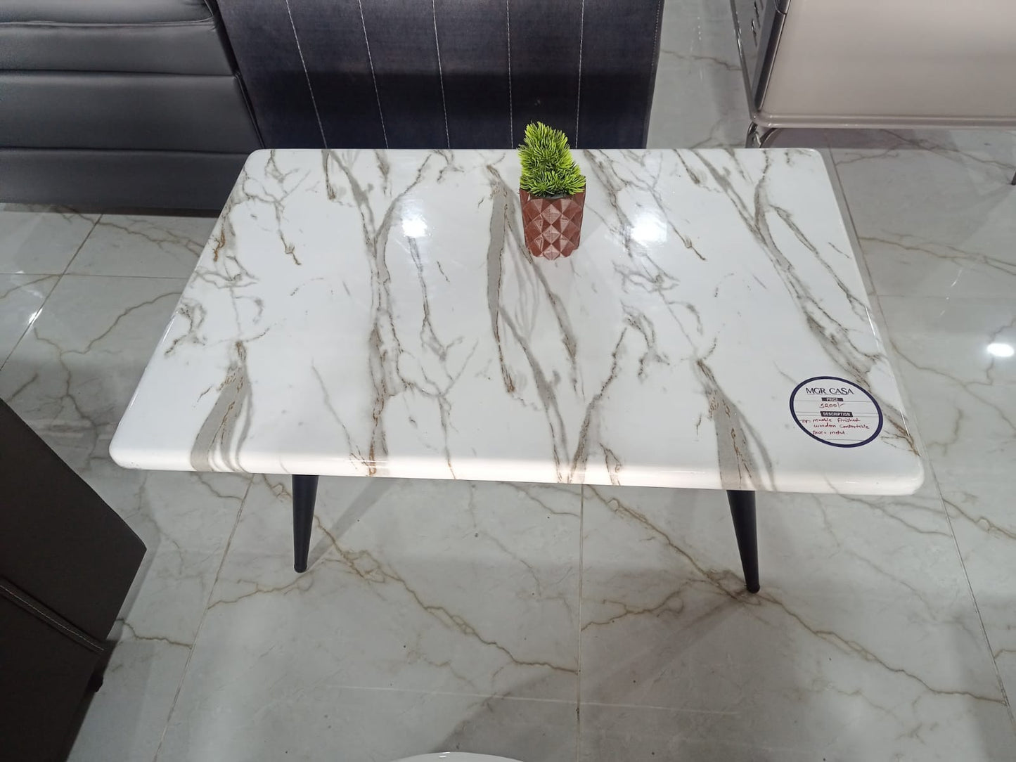 MGR New Marble Finished Top Metal Legs Center Table in White Marble Look Colour