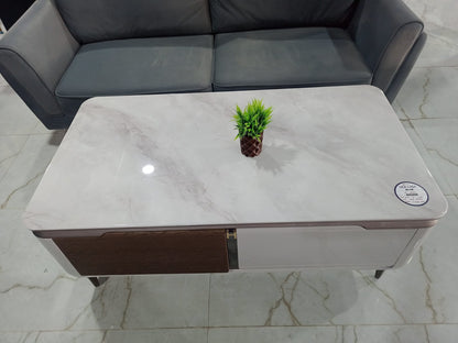 MGR New Marble Top and Engineered Wood Base Brown Cream and White Combination Center Table