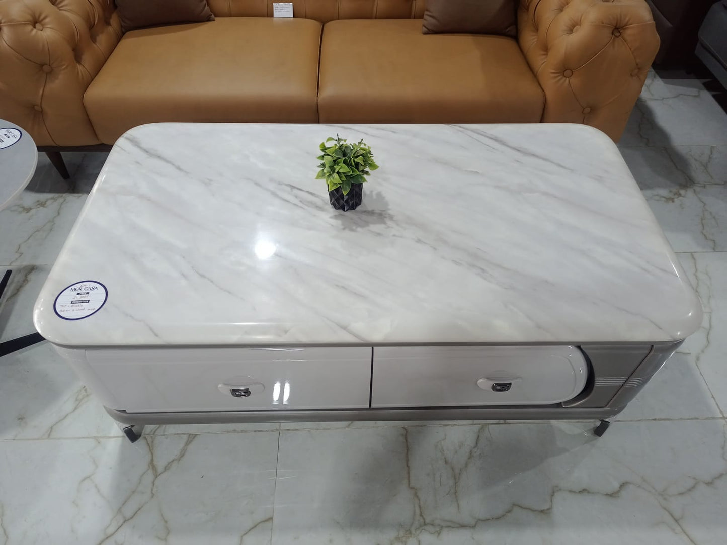 MGR New Marble Top and Engineered Wood Center Table in Grey and Cream Colour