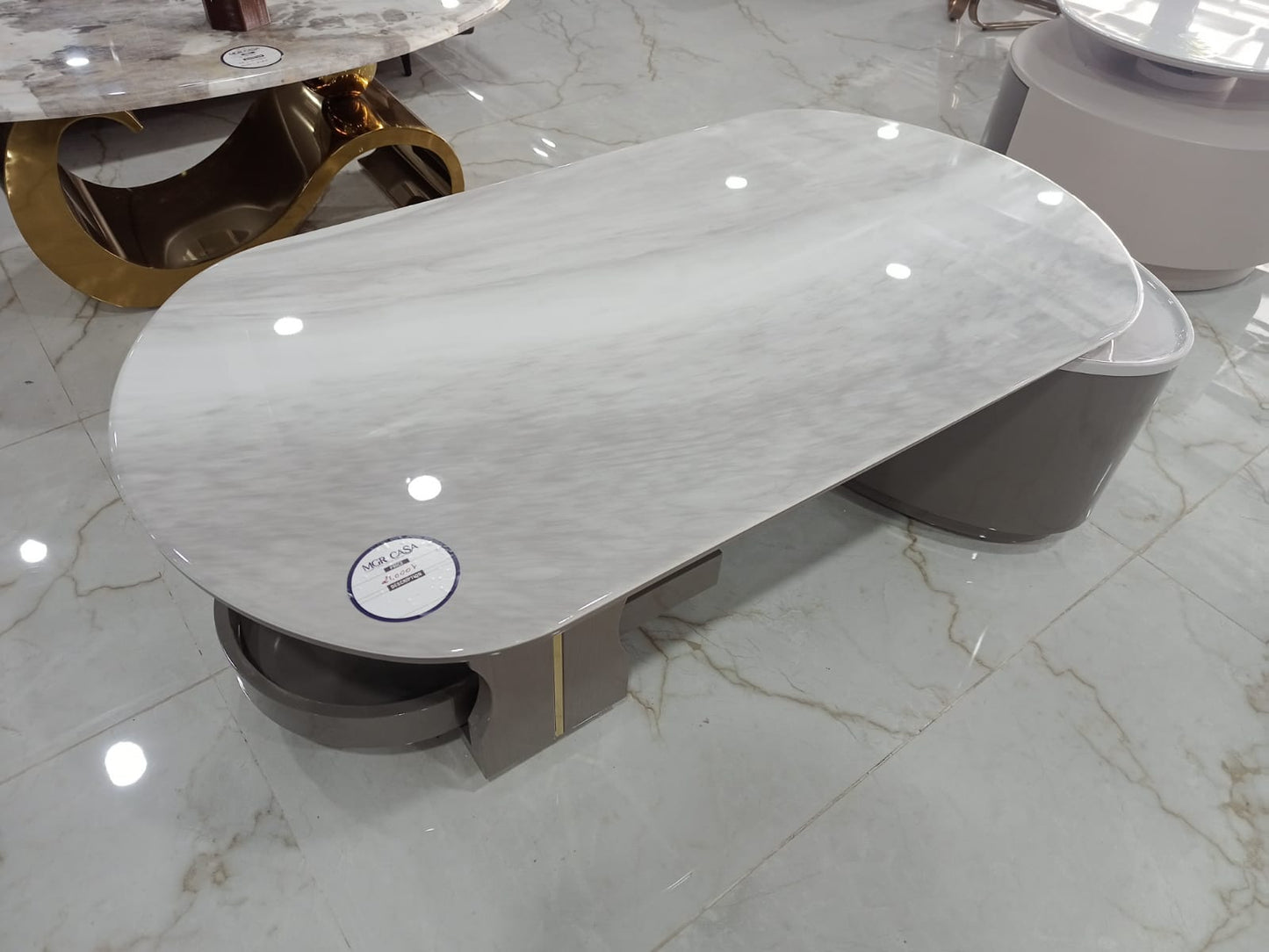 MGR New Marble Top and Engineering Wood 360 Degree Rotating Center Table in White and Grey Colour Combination