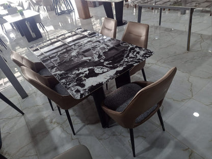 MGR New Marble Top Wood and Steel Imported Base 6 Seater Dining Table in Black and White Colour