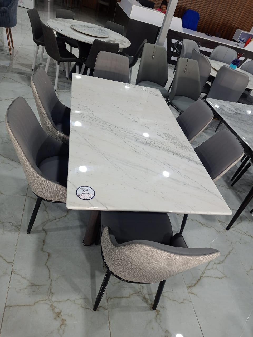 MGR New Italian Marble Top and Metal and Wood Base 6 Seater Dining Table Set in Light Brown and Grey Colour Combination