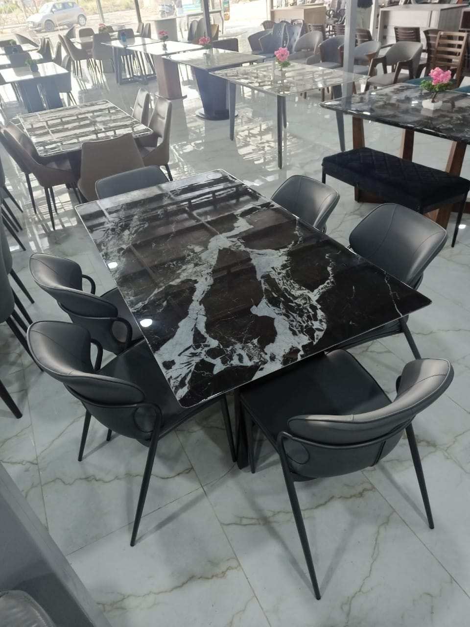 MGR New Marble Top and Metal Base Imported 6 Seater Dining Table in Black and White Colour