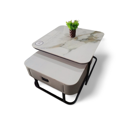 MGR New Ceramic Top and Metal Base in White And Cream Colour With Drawer Center Table