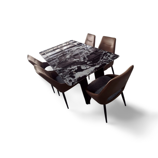MGR New Marble Top Wood and Steel Imported Base 6 Seater Dining Table in Black and White Colour