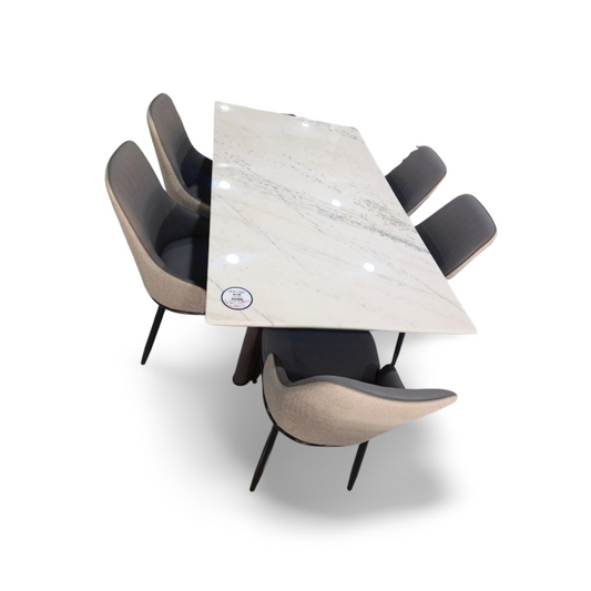 MGR New Italian Marble Top and Metal and Wood Base 6 Seater Dining Table Set in Light Brown and Grey Colour Combination