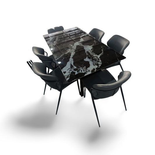 MGR New Marble Top and Metal Base Imported 6 Seater Dining Table in Black and White Colour