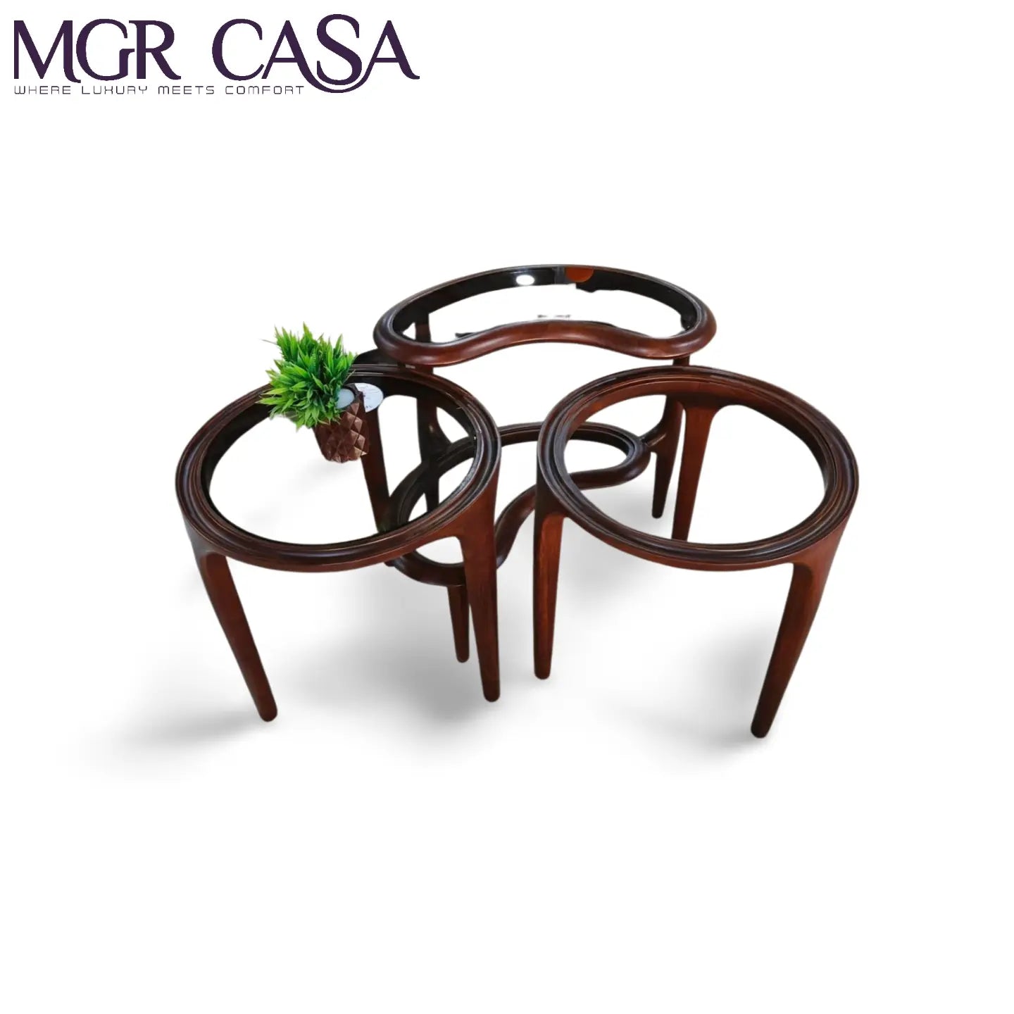MGR GLASS TOP VALSADI SAAG (TEAK WOOD) BASE 3 PIECE COMBO CENTER TABLE MGR CASA