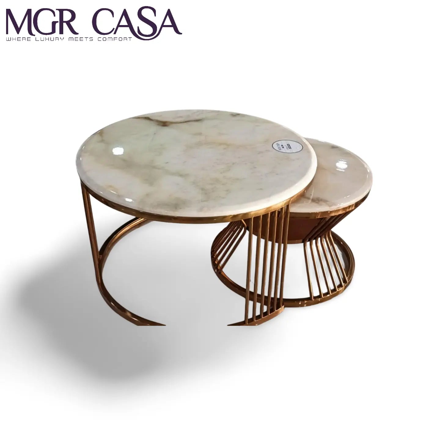 MGR NEW ROUND ARTIFICIAL MARBLE SSPVD BASE TOP SET OF TWO CENTER TABLE SET MGR CASA