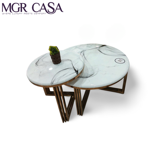 MGR WHITE SHADED MARBLE TOP ROSE GOLD SS-PVD BASE TWO PEICE CENTER TABLE SET