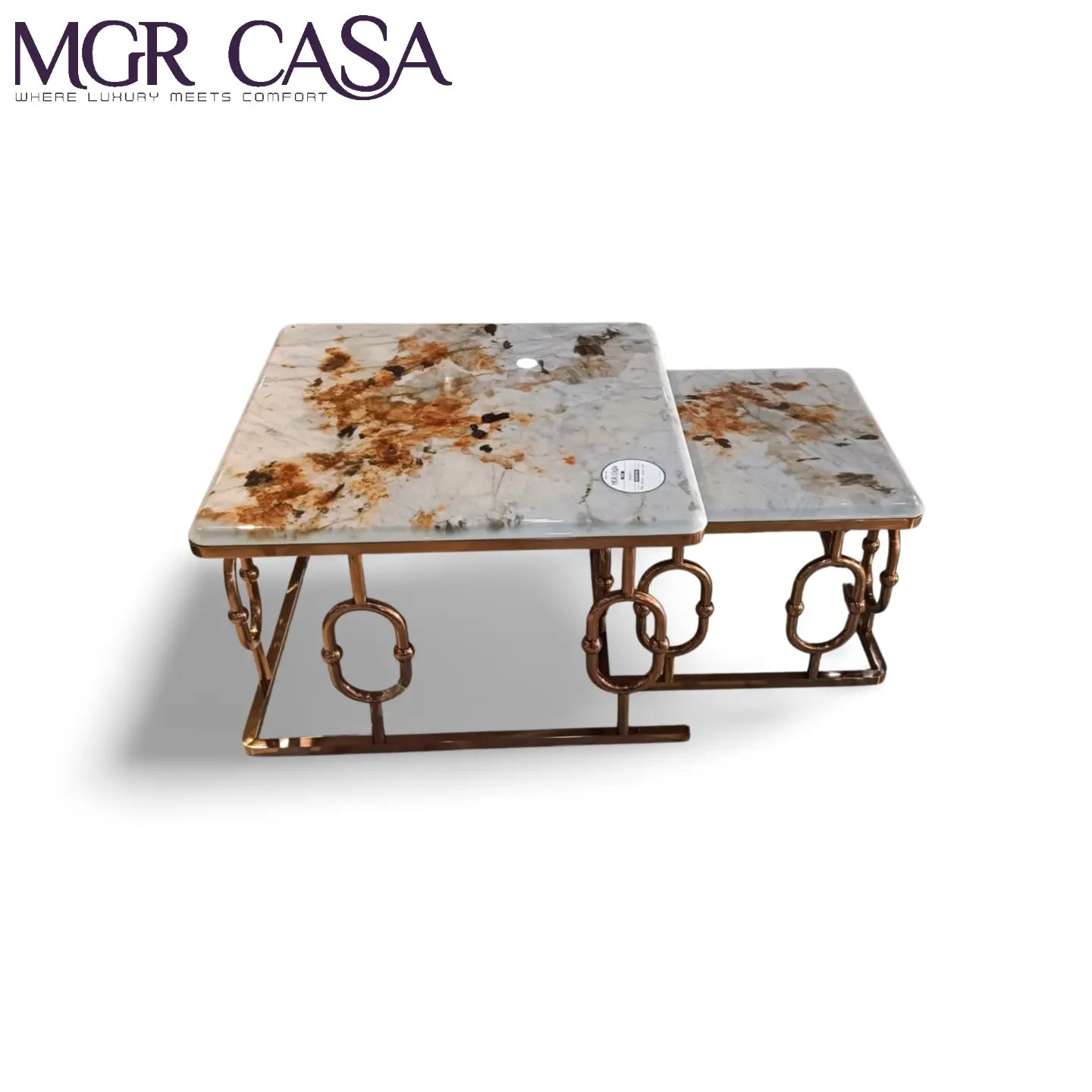 MGR UNIQUE SQUARE ARTIFICIAL MARBLE SSPVD BASE TOP SET OF TWO CENTER TABLE SET MGR CASA