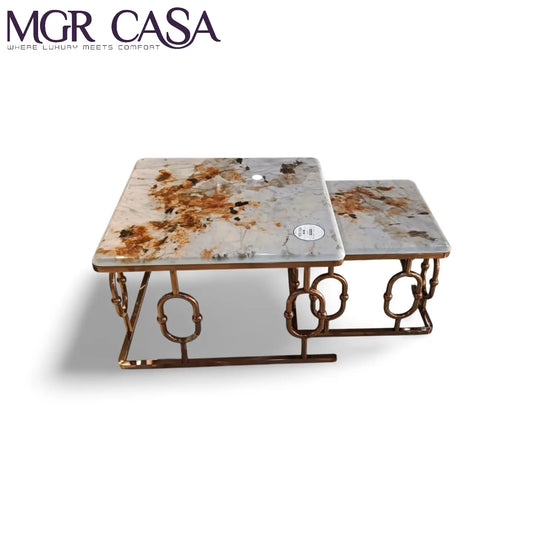 MGR UNIQUE SQUARE ARTIFICIAL MARBLE SSPVD BASE TOP SET OF TWO CENTER TABLE SET MGR CASA
