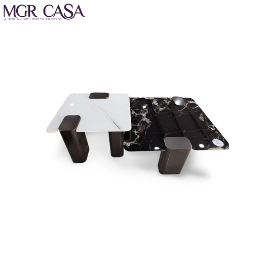 MGR MARBLE TOP BLACK AND WHITE COMBINATION METAL BASE  CENTER TABLE COMBO