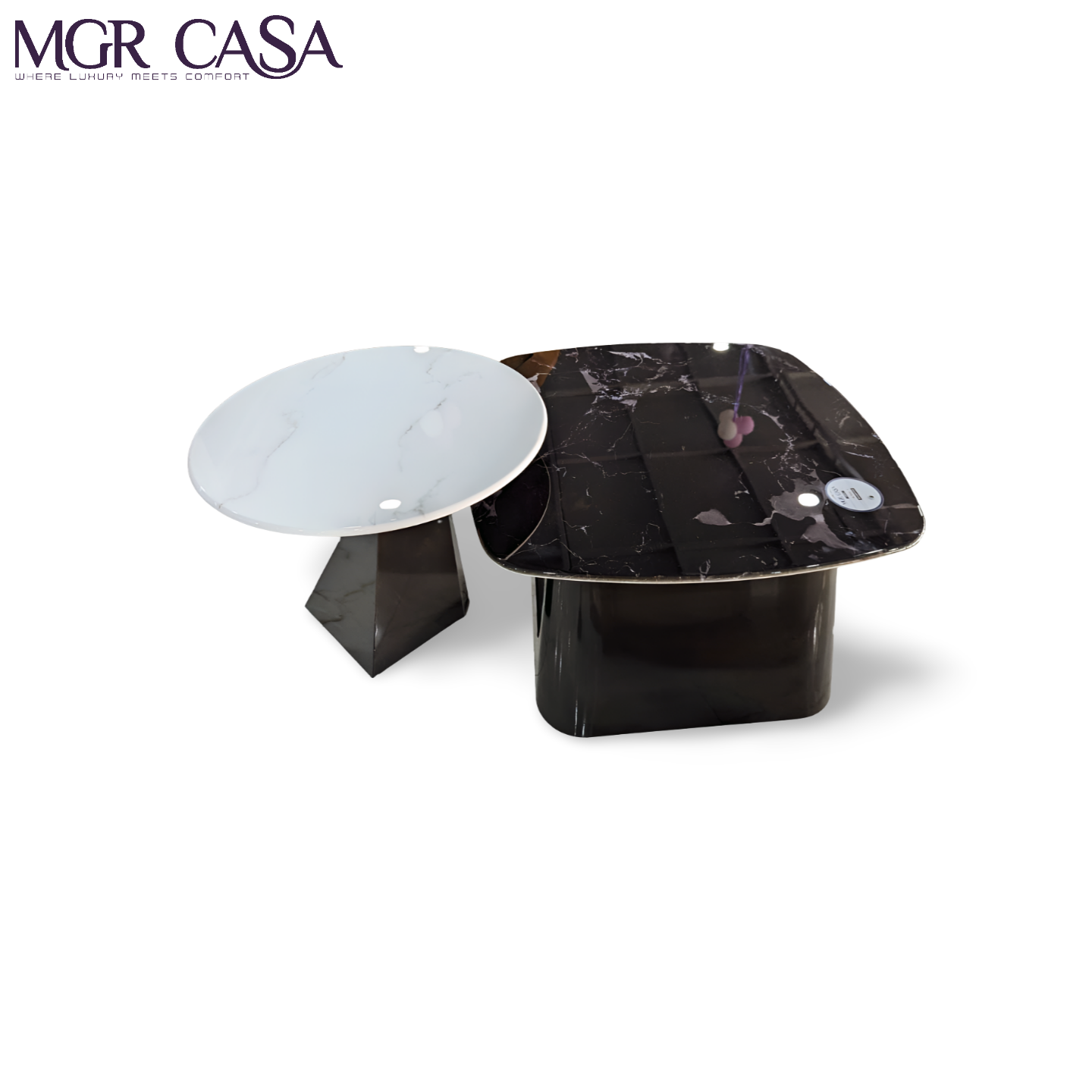 MGR MARBLE TOP BLACK AND WHITE COMBINATION METAL BASE SQURE AND ROUND CENTER TABLE COMBO