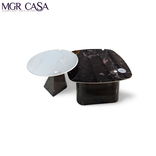MGR MARBLE TOP BLACK AND WHITE COMBINATION METAL BASE SQURE AND ROUND CENTER TABLE COMBO