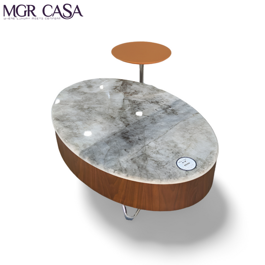 MGR MARBLE TOP WOODEN BASE WITH LEATHER FINISHED SIDE TABLE  CENTER TABLE SET